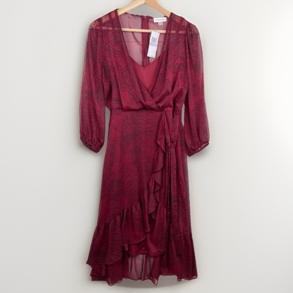 Calvin Klein Burgundy Paisley Ruffle Sheer Midi VNeck Faux Wrap Dress Size 8 - Picture 1 of 12